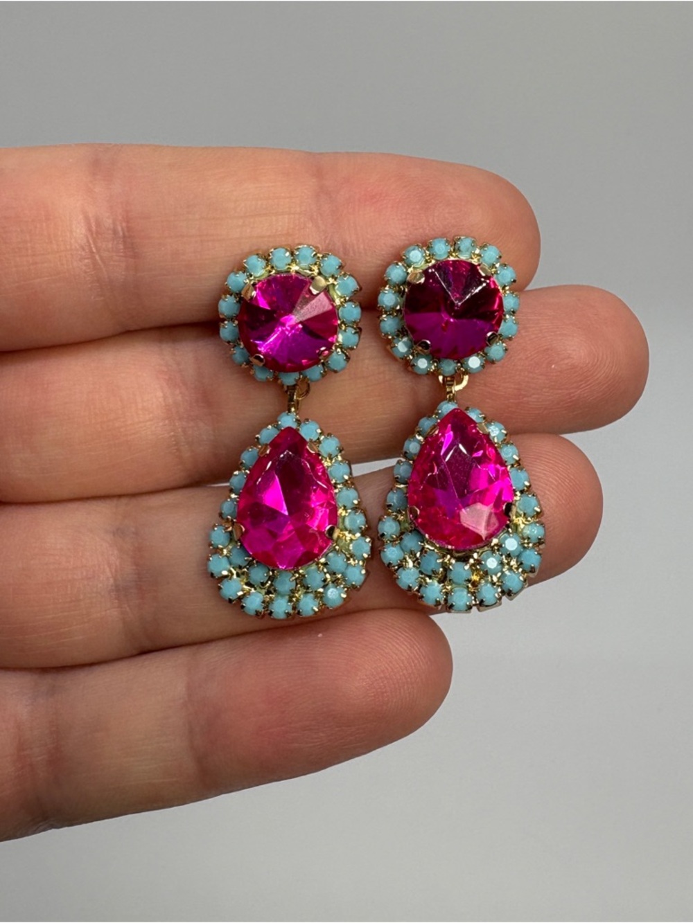 Pink Teardrop Crystal Drop Earrings with Turquoise Accents, Brand New